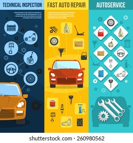 Auto service vertical banner set with technical inspection car repair isolated vector illustration