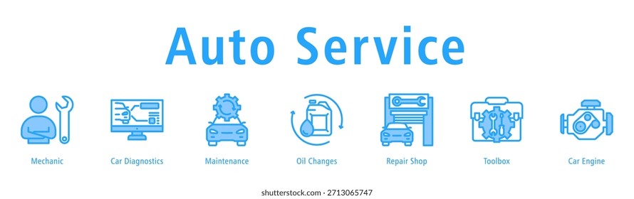 Auto Service web banner icon vector illustration with icons of Mechanic, Car Diagnostics, Maintenance, Oil Changes, Repair Shop, Toolbox and Car Engine.