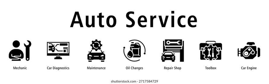 Auto Service web banner icon vector illustration with icons of Mechanic, Car Diagnostics, Maintenance, Oil Changes, Repair Shop, Toolbox and Car Engine.