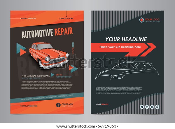 Auto Services Business Flyer layout\
templates, automotive repair magazine cover, car repair shop\
brochure, mockup flyer. Vector\
illustration.