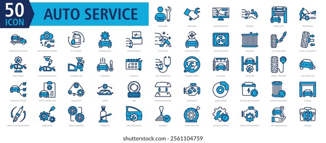 Auto Services Icon Set Blue with mechanic, car diagnostics, painting, repair shop, and roadside assistance