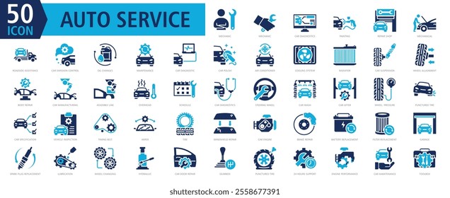 Auto Services Icon Set Color Fill with mechanic, car diagnostics, painting, repair shop, and roadside assistance