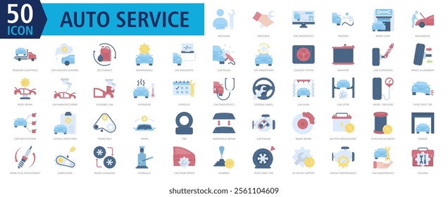 Auto Services Icon Set Color with mechanic, car diagnostics, painting, repair shop, and roadside assistance