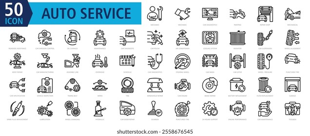 Auto Services Icon Set Outline with mechanic, car diagnostics, painting, repair shop, and roadside assistance