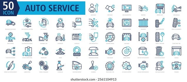 Auto Services Icon Set Outline Color with mechanic, car diagnostics, painting, repair shop, and roadside assistance