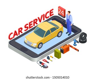 Auto services mobile app. Isometric car service vector concept with auto, repair equipment, tires, technician