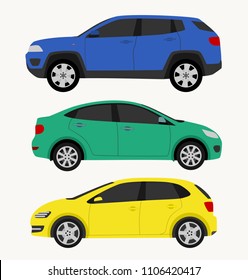 Auto set flat colorful style isolated on white background with hatchback, sedan, suv for app concept, pattern. Automobile, transport, carsharing, taxi, rental, sport, car repair service. Vector 10 eps