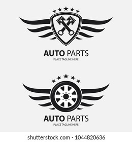Auto shield icon and winged wheel on white background