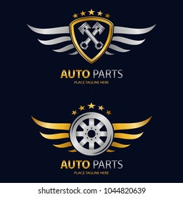 Auto shield icon and winged wheel on black background