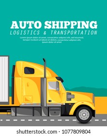 Auto shipping banner with container truck on the highway. Commercial cargo trucking, freight delivery concept. Logistic and transportation industry, goods country distribution vector illustration.