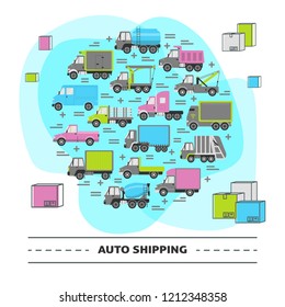 Auto shipping round concept with different types of trucks and boxes in flat style.