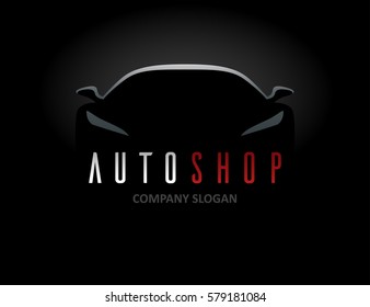 Auto shop car logo design with concept sports vehicle icon silhouette on black background. Vector illustration.