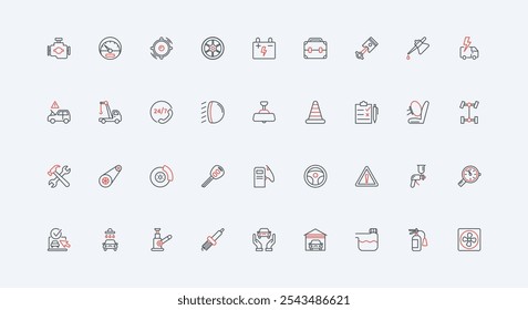 Auto-Shop und Auto-Service, Fahrzeugteile und Kraftstoff, mechanische Werkzeug, Getriebe-Linie Symbol-Set. Motor und Batterie prüfen, Schlepper, Bremse und Öl dünn schwarz und rot Umrisssymbole Vektorgrafik