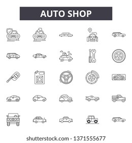 Auto shop line icons, signs set, vector. Auto shop outline concept, illustration: car,auto,service,shop,repair,design