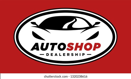 Auto shop sports car dealership logo with silhouette icon of a conceptual shape performance motor vehicle badge template on red background. Vector illustration. 