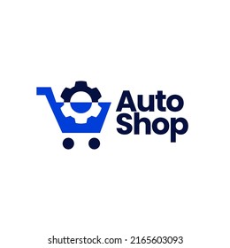auto shop store automotive trolley gear cogs logo vector icon illustration 