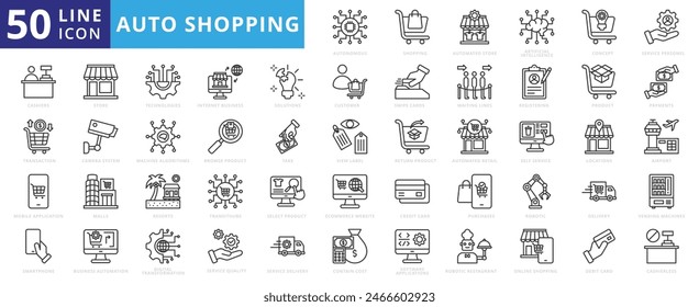 Auto Shopping icon set with automated store, artificial intelligence, ecommerce, auto, payment, service, cashiers and transaction.