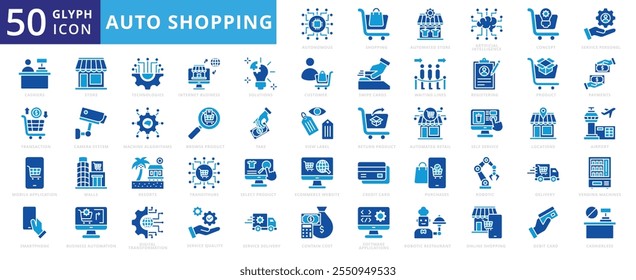 Auto shopping icon set with take, technology, product, service, concept, airport, delivery, credit card, online shopping, artificial intelligence, store, customer, mobile application, and transaction