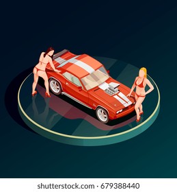 Auto show car showroom composition with circle podium and two female models topless near sports car vector illustration
