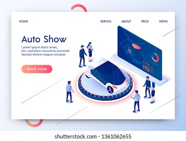 Auto Show Horizontal Banner. People Characters Stand Around Of Electric Car With Futuristic Design In Front Of Reception Or Demonstration Stand On Exposition. Showroom 3D Isometric Vector Illustration