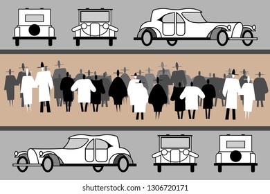 Auto Show vintage cars. Vintage elegant cars and cabriolets. People view the exhibited cars in front, rear, side. Crowd on a retro car show. Black and white human silhouettes. Vector flat illustration