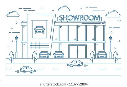 Auto showroom line building pn white background.