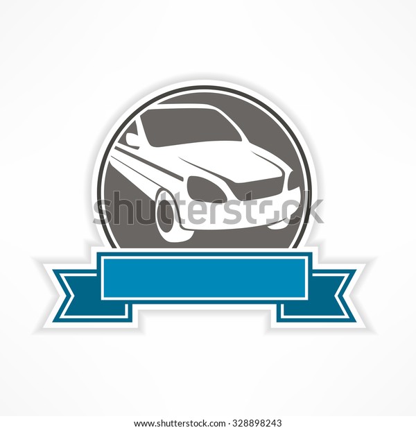 Auto sign in round with blue ribbon on\
white, vector\
illustration