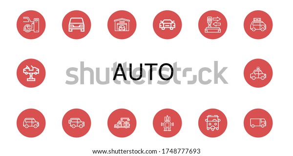 auto simple\
icons set. Contains such icons as Tires, Car, Garage, Sportive car,\
Auto, Van, Jeep, Ambulance, Robot, Rickshaw, Cargo truck, can be\
used for web, mobile and\
logo