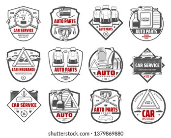 Auto spare parts and car accessory workshop icons. Vector tow belt, oils and chemical fluids, automotive service lung wrench tool and radiator, upholstery replacement and mechanic station sign svg