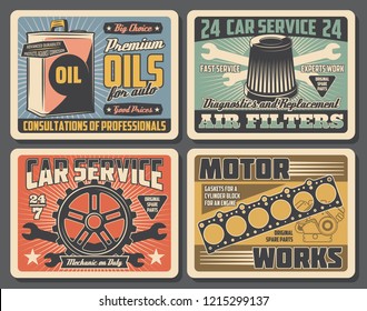 Auto spare parts, car service, repair and maintenance retro vector posters. Vehicle motor oil can, spanner and gear, air filter, cylinder gaskets and wrench, spare parts store or shop signboard