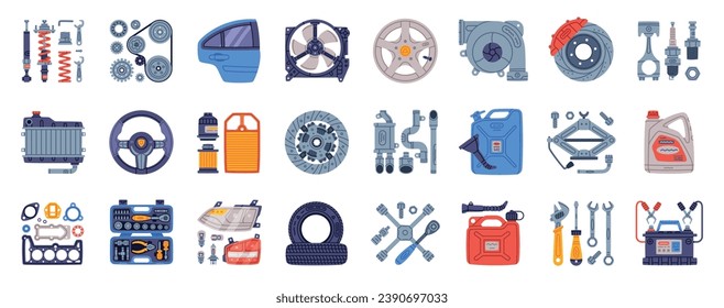 Auto Spare Parts and Elements for Car Repair Vector Set