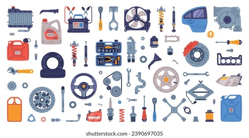 Auto Spare Parts and Elements for Car Repair Vector Set