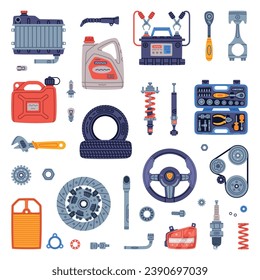 Auto Spare Parts and Elements for Car Repair Vector Set