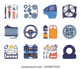 Auto Spare Parts and Elements for Car Repair Vector Set