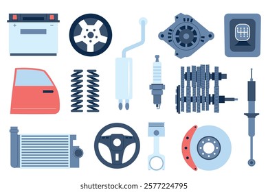 Auto spare parts flat. Isolated mechanical repaire elements for cars. Automotive spares, cars assembly equipment and components, recent vector set