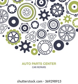 Auto spare parts and gears banner on white background