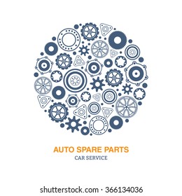 Auto spare parts and gears circle on white background