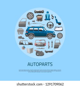 Auto spare parts icons concept banner. Car service vector illustration. Car detail, repair, gear brake, seat, windshield, wheel, bumper, door, engine components, exhaust system.