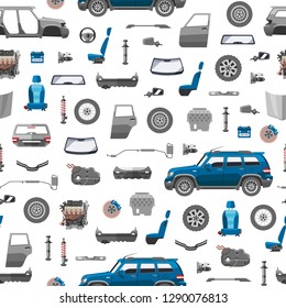 Auto spare parts icons seamless pattern. Car service vector illustration. Car detail, repair, gear brake, seat, windshield wheel, bumper, door, engine components, exhaust system.