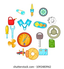 Auto spare parts icons set in cartoon style. Car maintenance set collection vector illustration