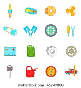 Auto spare parts icons set in cartoon style. Car maintenance set collection vector illustration. Tire service signs