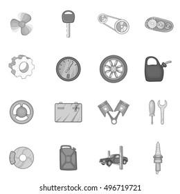 Auto spare parts icons set in black monochrome style. Car maintenance set collection vector illustration