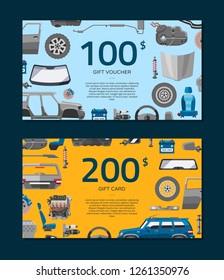 Auto spare parts icons voucher or gift card. Car service, shop with accessories for vehicle vector illustration. Car detail, repair, gear brake, seat, windshield, wheel, bumper, door.