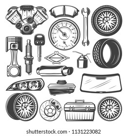 Auto spare parts and instruments sketch for car mechanics. Vector set of motor engine, motor oil or wrench and windshield, light alloy wheels and tires, exhaust pipe and rear view mirror or brakes