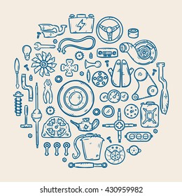 Auto spare parts line vector icons in circle composition. Car auto part spare detail, repair detail part, gear detail auto, auto brake detail illustration