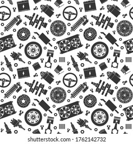 Auto spare parts seamless pattern. Car repair silhouette icon background and texture