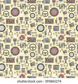 Auto spare parts seamless pattern. Car repair and automobile accessories icons background. Vector illustration EPS10.