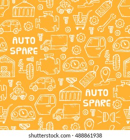 Auto spare parts seamless pattern. Car recyclers and scarp breaker icons background in hand drawn style. Vector illustration EPS10.