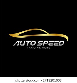 Logotipo del oro de la velocidad auto, fondo negro, símbolo automotriz de lujo, emblema de la marca del coche.