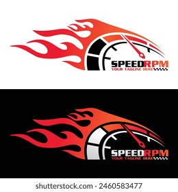 Auto Speed with racing flame logo design vector. Fast Speedometer logo design template